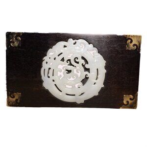 Vintage Chinese Hard Wood Inlay White Afghanistan Jade Jewelry Box